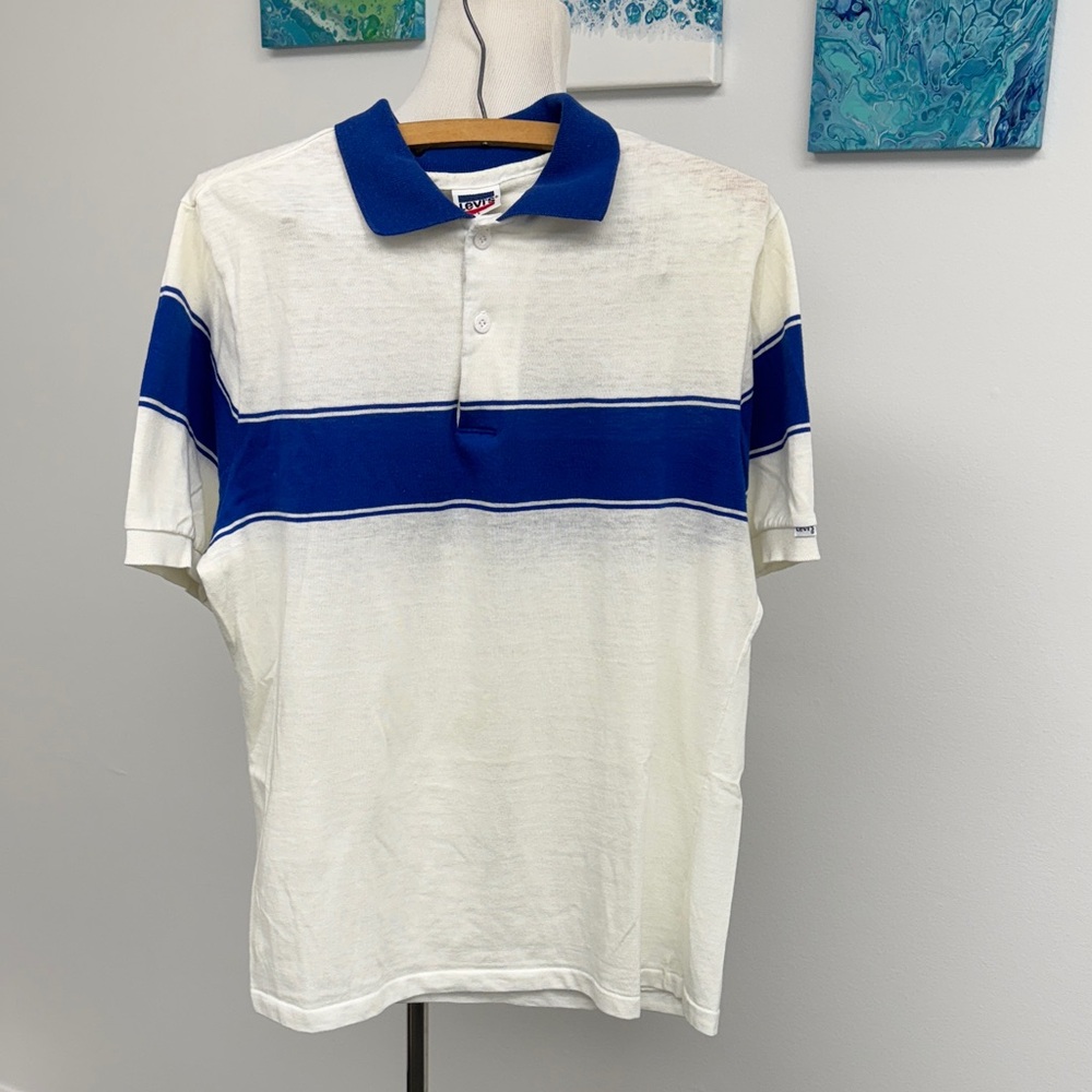 Vintage Authentic Levi White Polo with Blue Stripes. Sz. Large
